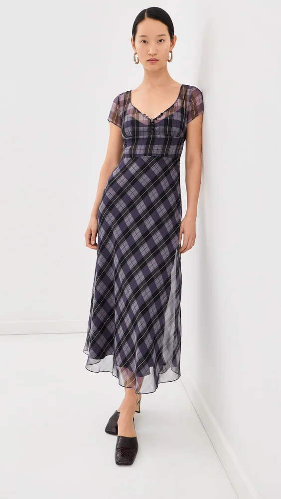 Plaid Chiffon Midi Dress