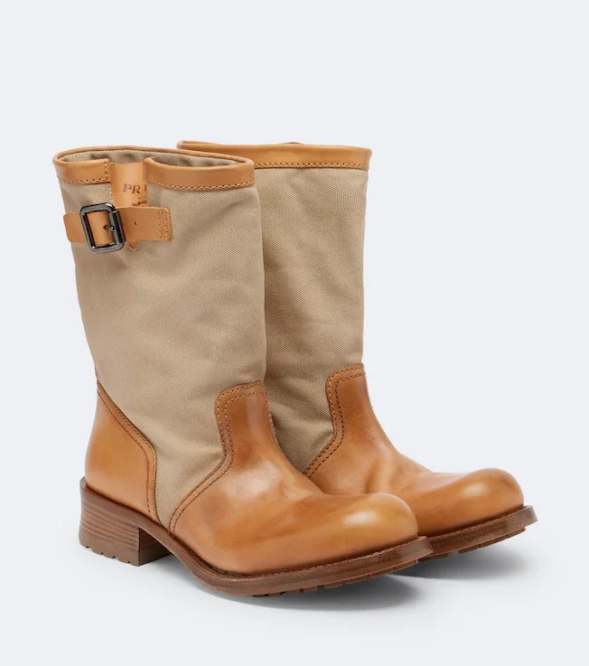 Leather and canvas biker boots