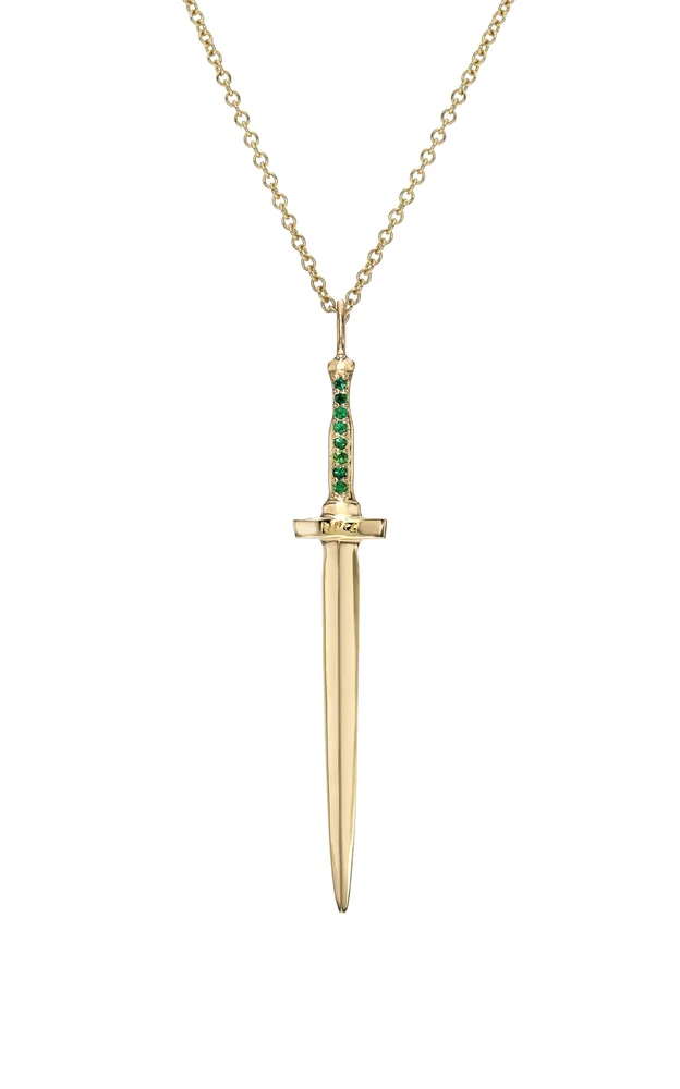 Large Dagger 14K Yellow Gold Emerald Necklace
