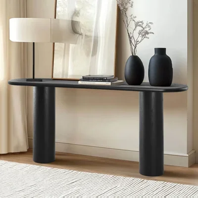 70" Oval Narrow Console Table with Black Solid White Oak Veneer