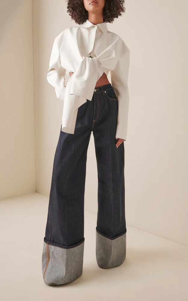 Cuffed Raw-Denim Wide-Leg Jeans