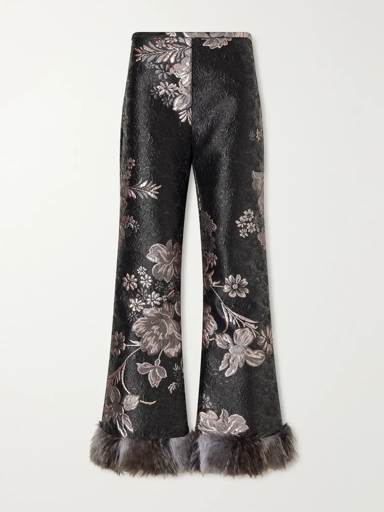 Plush-trimmed Arcadia brocade flared pants