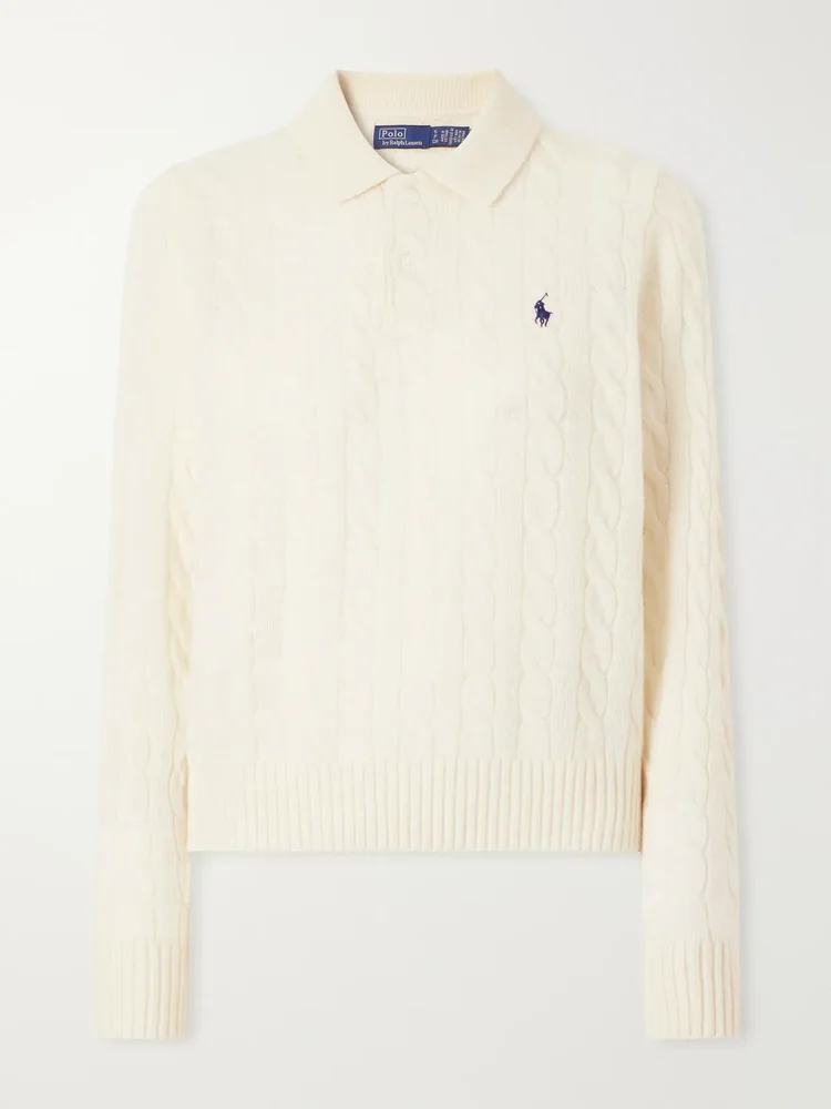 Cable-knit wool and cashmere-blend polo sweater