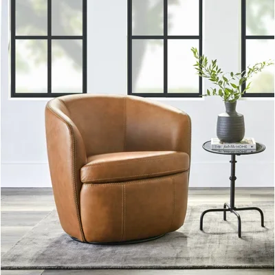 Crandell Top Grain 100% Genuine Italian Leather Swivel Barrel Chair