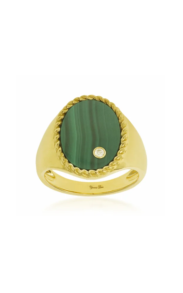 9K Yellow Gold Malachite, Diamond Signet Ring