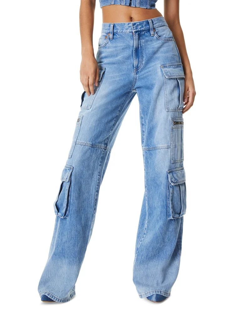Cay High Rise Wide Leg Baggy Cargo Jeans in Brea Blue