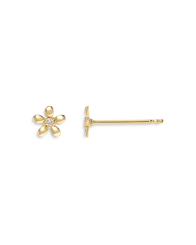 14K Yellow Gold Tiny Diamond Flower Stud Earrings
