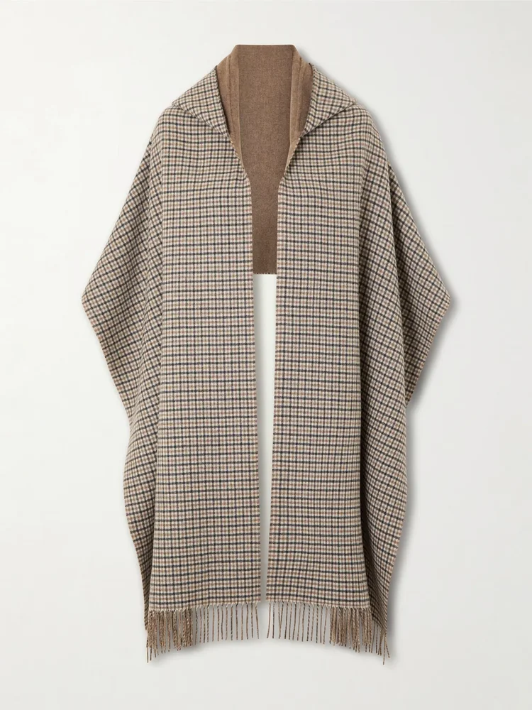 Hooded fringed checked cashmere wrap