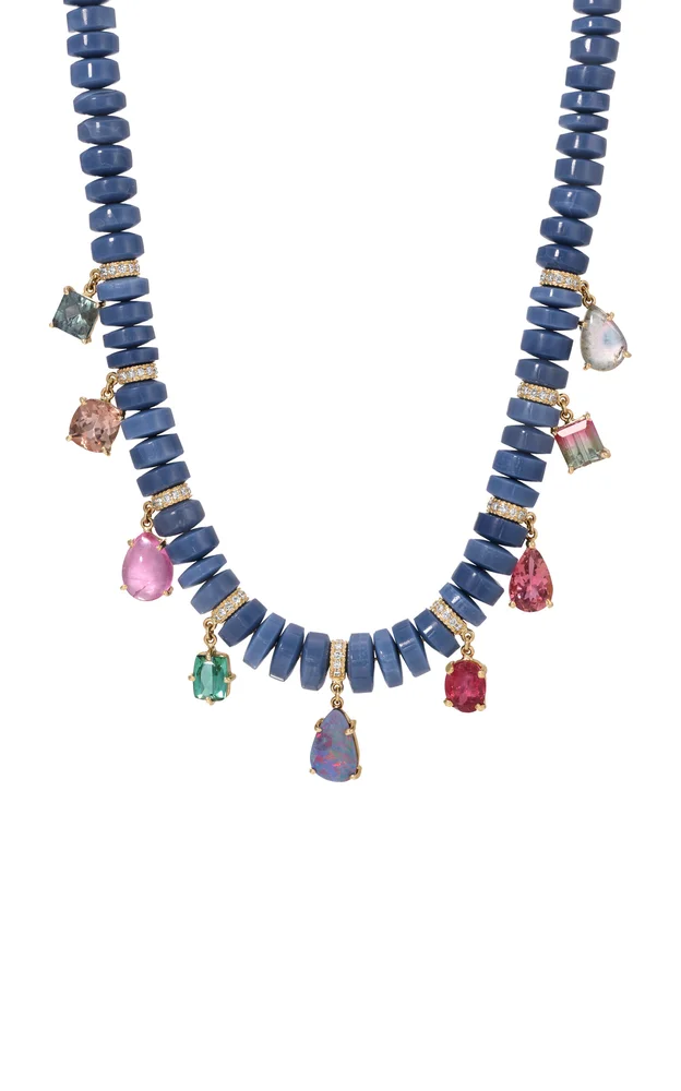 14k Yellow Gold Graduated Blue Opal Cylinder Beaded Necklace With Multi Gemstone Shakers