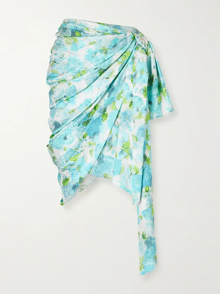 Floral-print silk-jacquard draped midi skirt