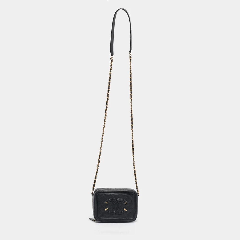 Black Quilted Caviar Leather CC Filigree Vanity Bag