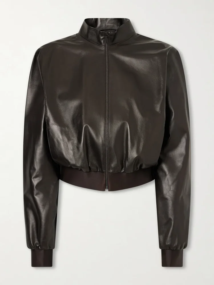 Cropped leather bomber jacket