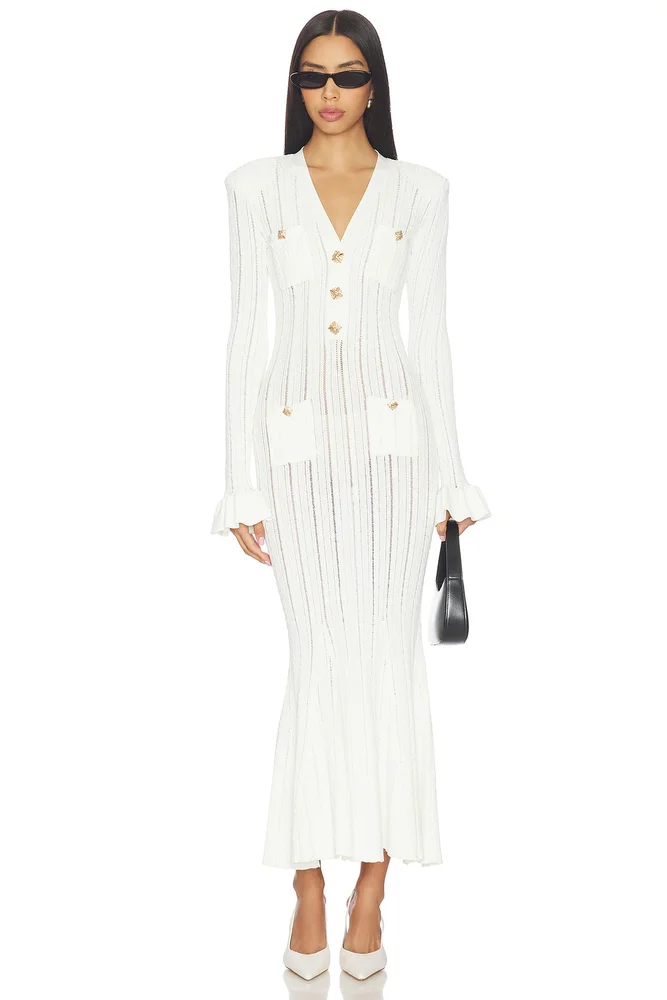 White Pointelle Knit Midi Dress