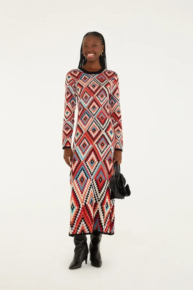 FARM RIO ACTIVE Multicolor Pretti Long Sleeve Knit Maxi Dress