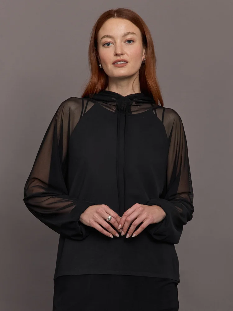 Oversized Raglan Sleeve Hooded Top W Mesh - Black