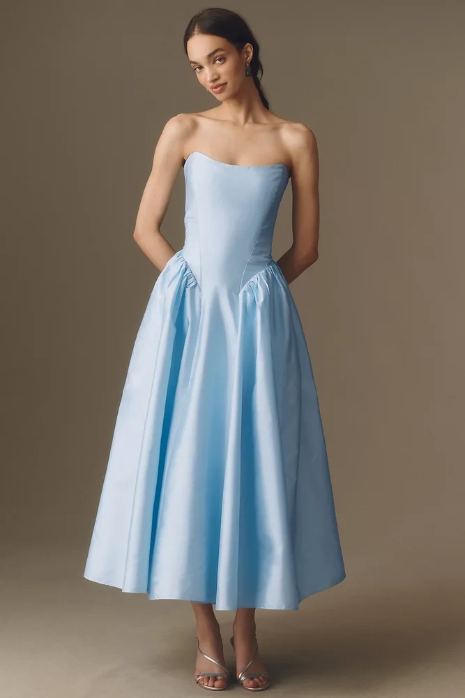 Strapless Basque-Waist A-Line Midi Dress