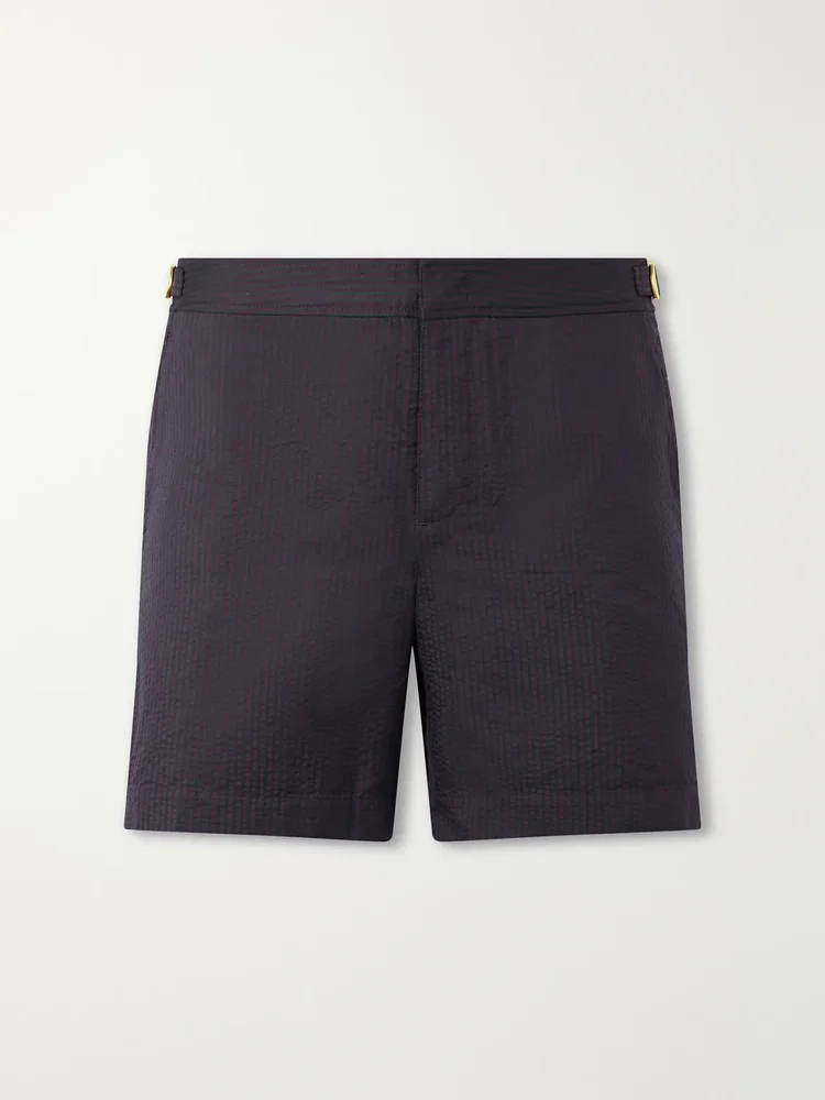 Bulldog Straight-Leg Mid-Length Striped Seersucker Swim Shorts