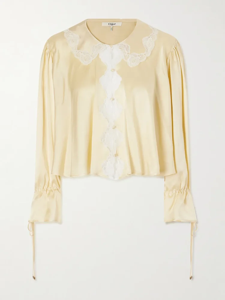 Cropped Lace Trimmed Silk Satin Blouse