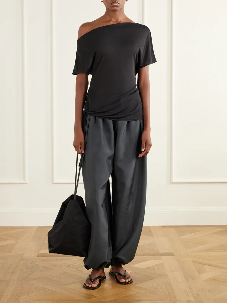 Off-the-shoulder asymmetric tie-detailed TENCEL™ Lyocell blouse