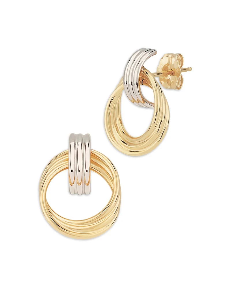 14K White & Yellow Gold Grooved Doorknocker Drop Earrings