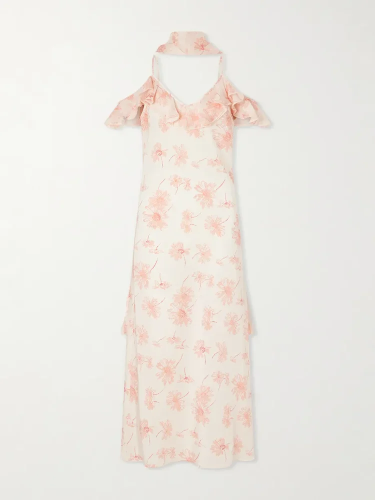Daisy ruffled floral-print silk chiffon midi dress