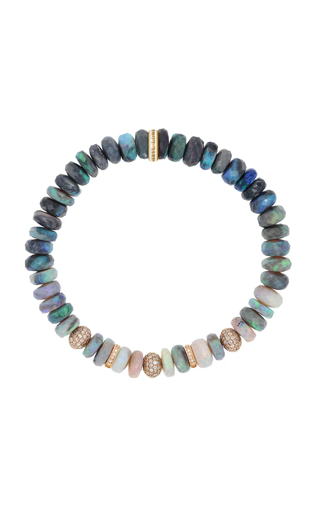 14K Yellow Gold Ocean Waves Australian Opal Faceted Diamond Beaded Bracelet