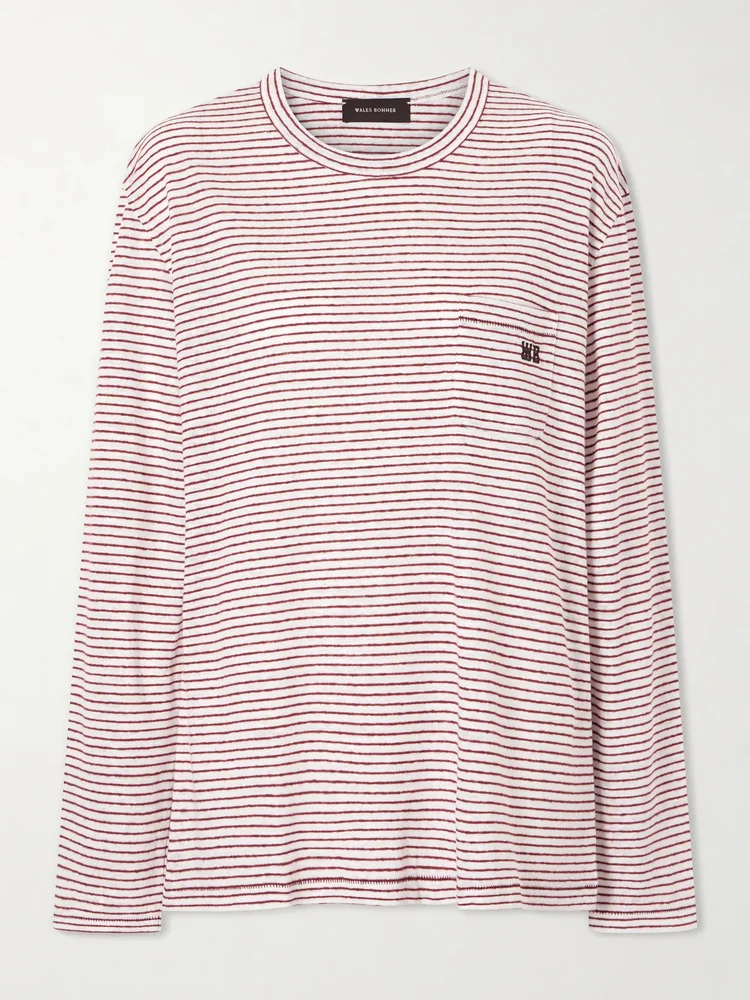 Hour embroidered striped linen and cotton-blend T-shirt