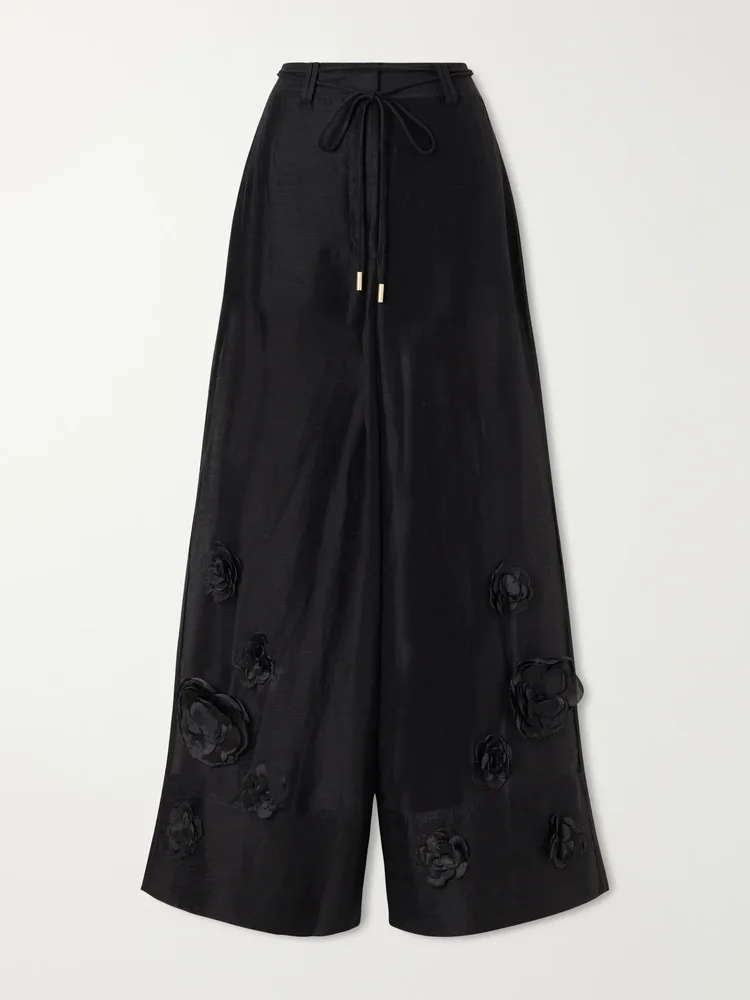 cloudscape flower applique lyocell and linen blend mid rise wide leg pants