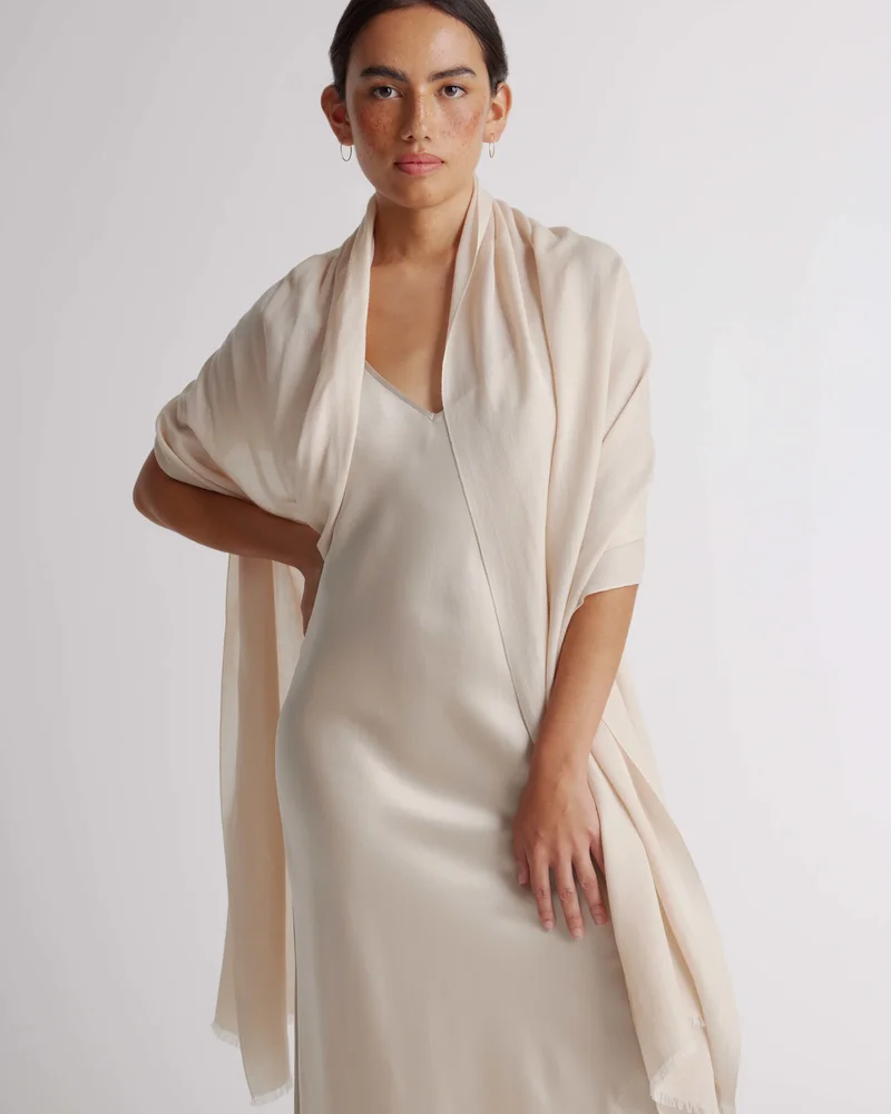 Featherweight Cashmere Silk Frayed Edge Scarf in Ivory
