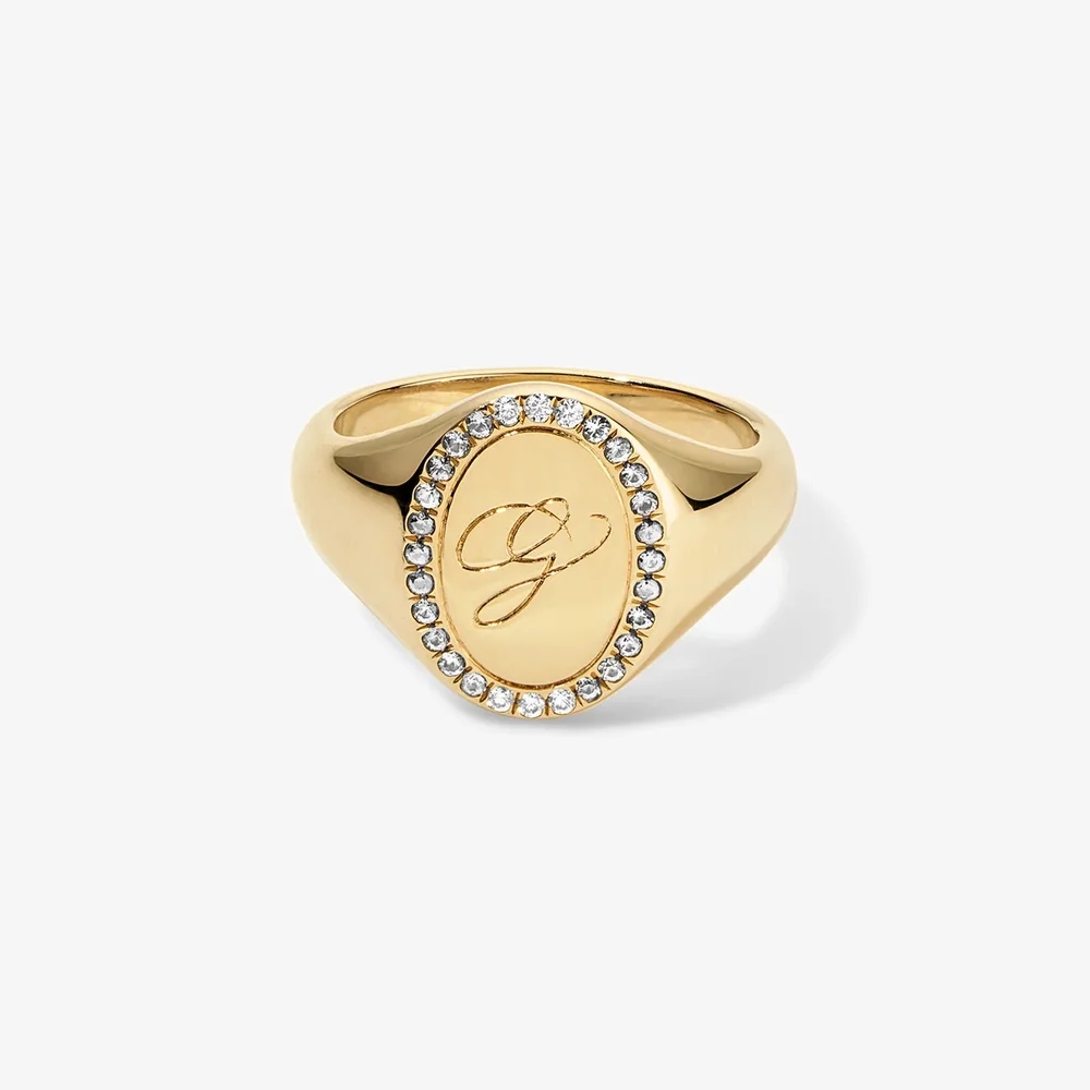 Bubble Diamond Signet Ring with Initial