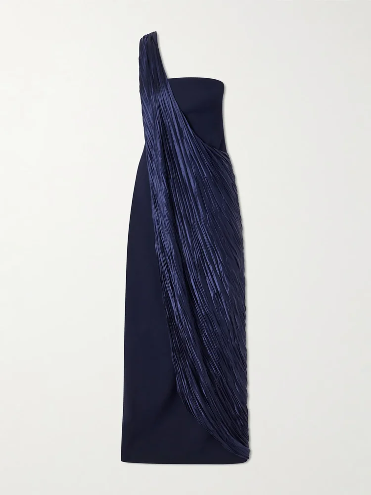 Strapless pleated satin-trimmed crepe gown