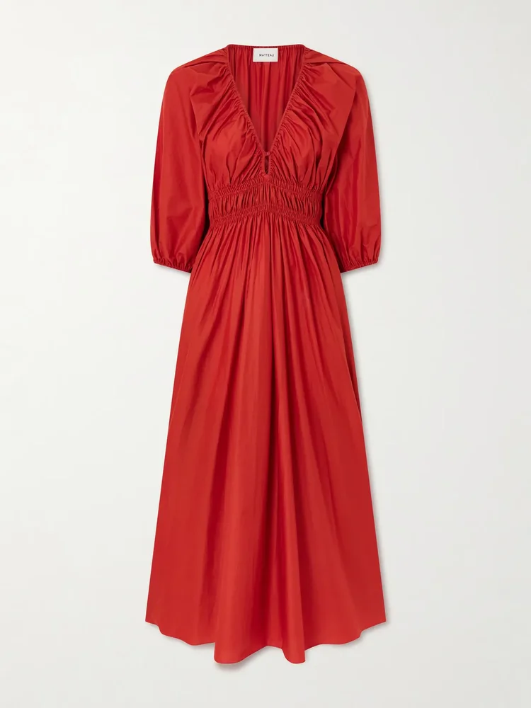 Shirred organic cotton-poplin maxi dress