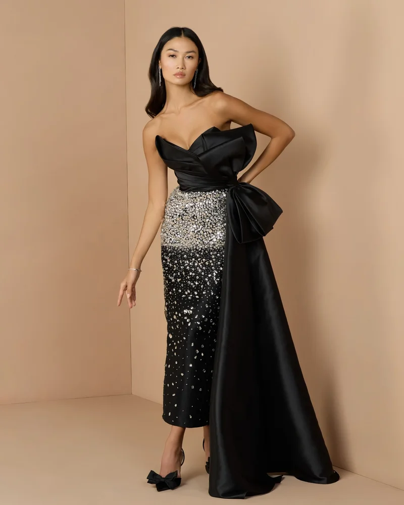 Black Silver Strapless Crystal Embellished Satin Dress With Bow