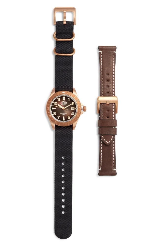 Bronze Monster GMT Automatic Leather & Webbing Strap Watch, 40mm