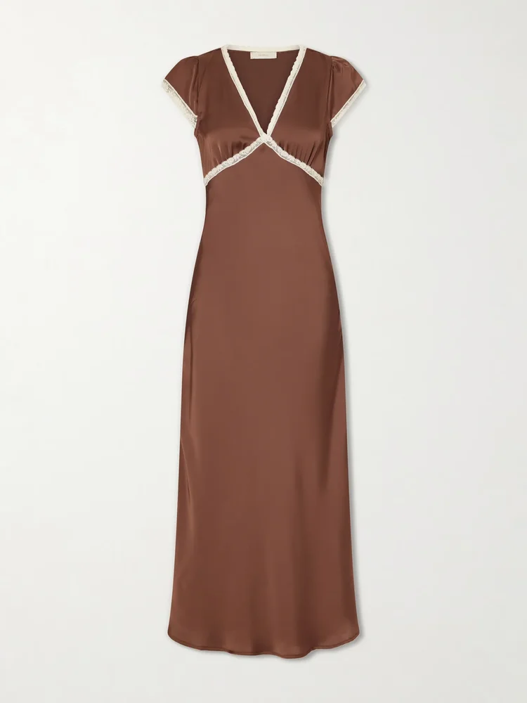 Elvira lace-trimmed satin midi dress
