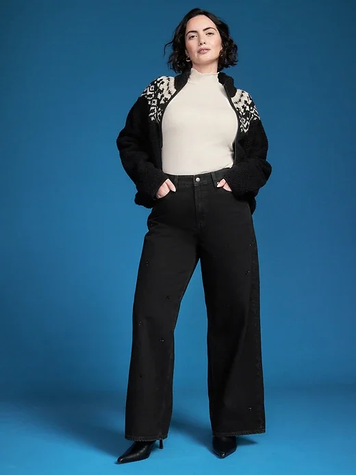 High-Waisted Embellished Baggy Wide-Leg Jeans