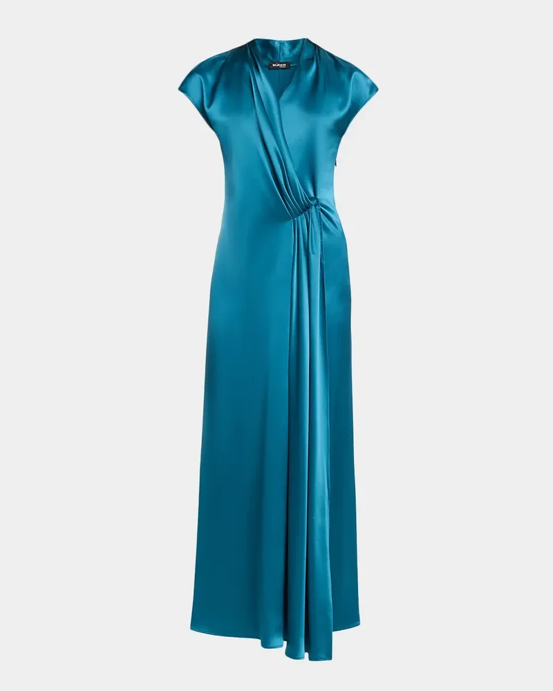 Cap-Sleeve Pleated Satin Wrap Maxi Dress