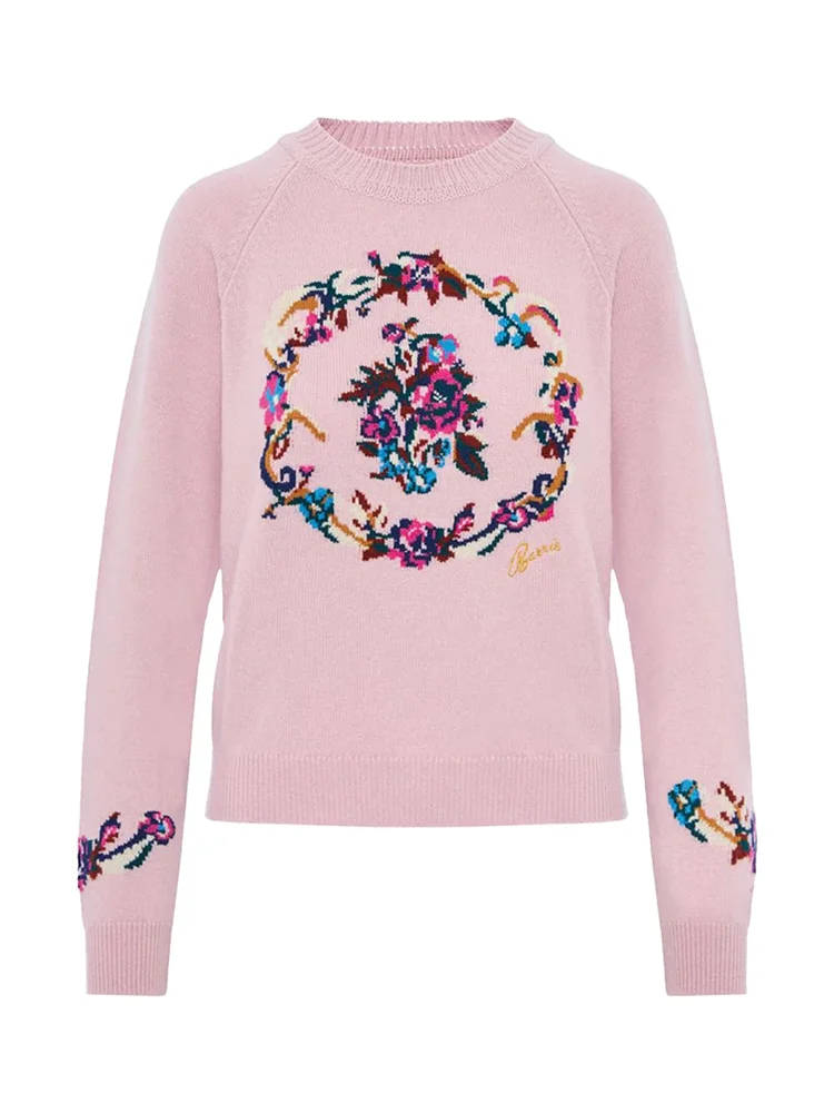 Floral Intarsia Cashmere Sweater, Pink