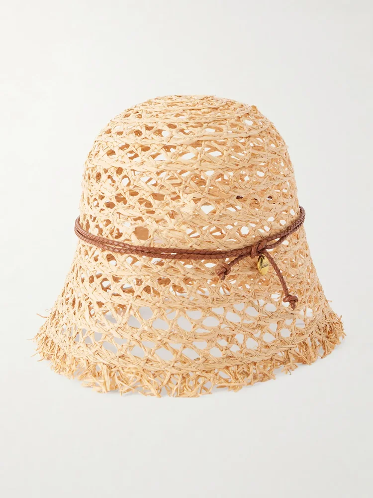 Leather-trimmed straw bucket hat