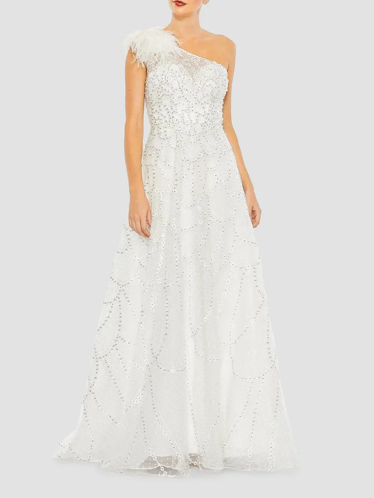 One-Shoulder Feathered A-Line Gown