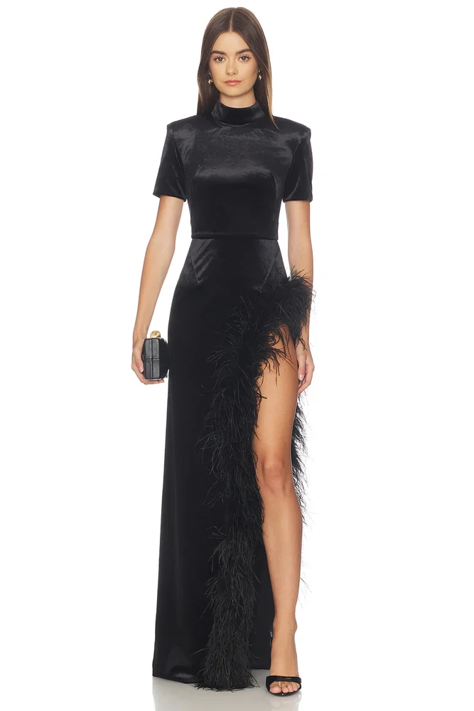 Short Sleeve Velvet Maxi Dress With Feather Trim
