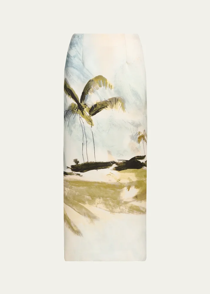 Palm Tree Satin Midi Pencil Skirt
