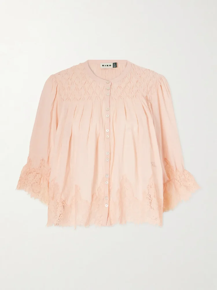 Erika shirred lace-trimmed cotton-voile blouse
