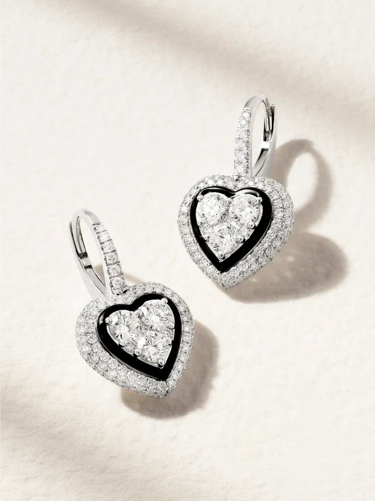 Heart 18-karat white gold, diamond and enamel hoop earrings