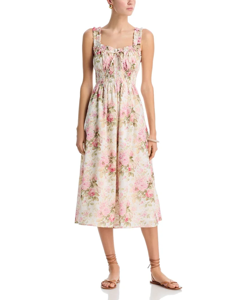 Floral Eyelet Tie Smocked Midi Dress, Exclusive