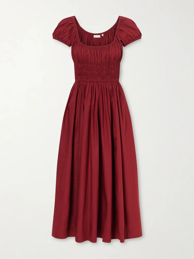 Quinley shirred organic cotton-voile midi dress