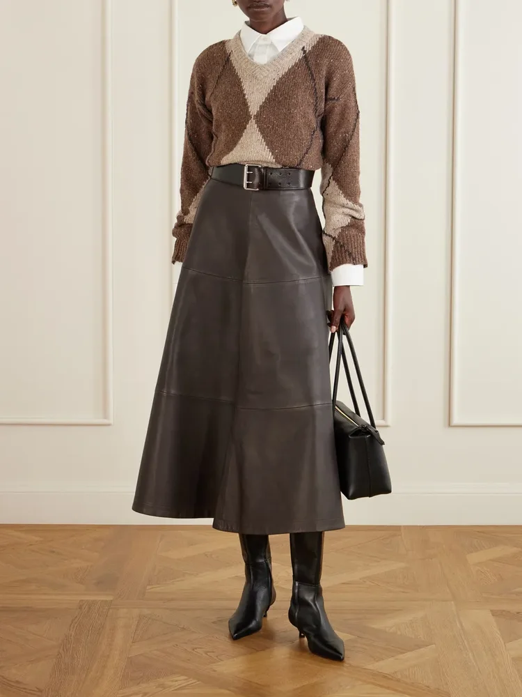 Varda paneled leather midi skirt