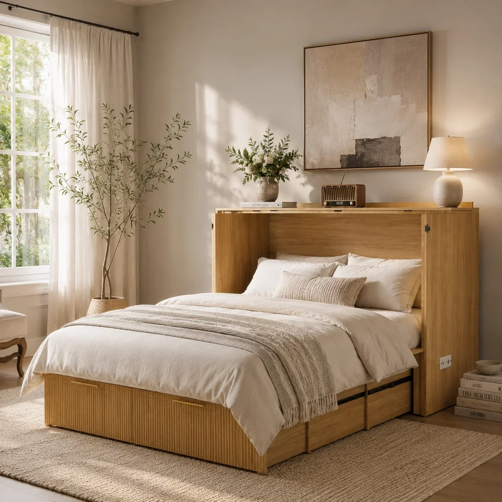 Modern Full Murphy Bed with Charging Station and Storage Drawer