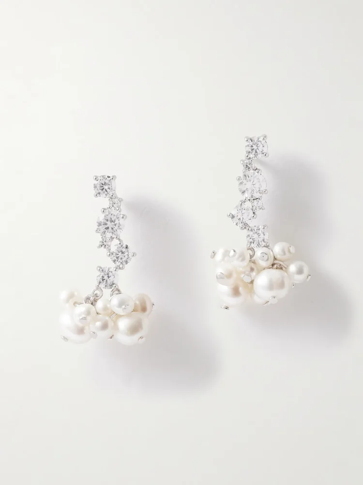 Rhodium-plated recycled silver pearl and crystal earrings