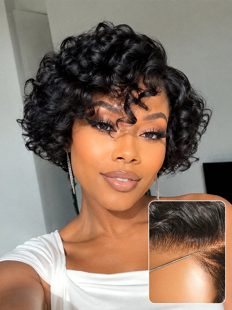 Natural Black / Brown Highlight Water Wave Pixie Cut Glueless Minimalist HD Lace Short Curly Wig
